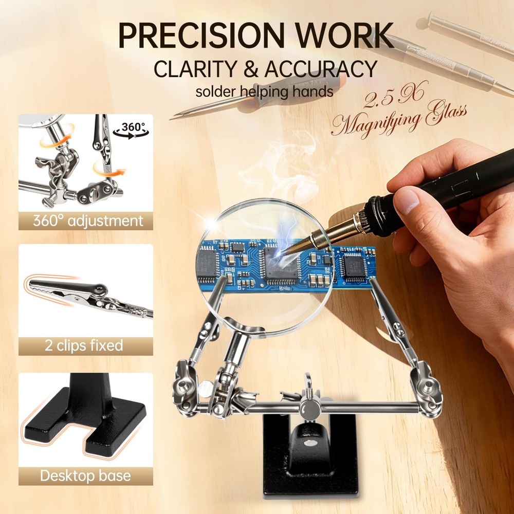 AORAEM Helping Hands Magnifier with Dual Adjustable Alligator Clips in Silver