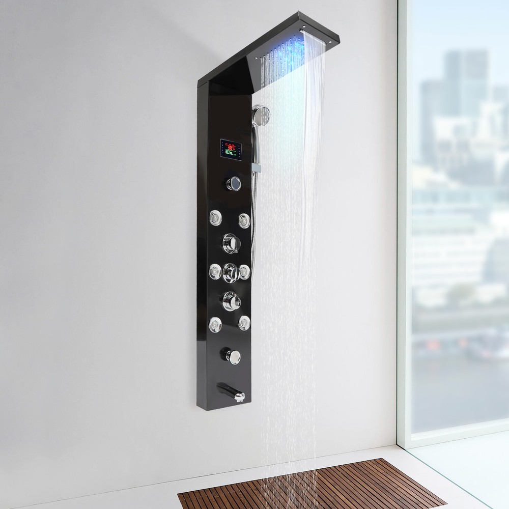 LED Rainfall Head Hand Shower Panel 8Jets Bathrooms Waterfall Jets Faucet System