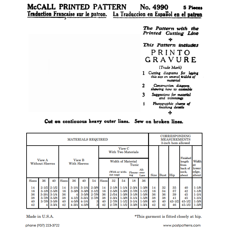 Past Patterns 4990 - 1920s Slip-On Dress Sewing Pattern bust 38"