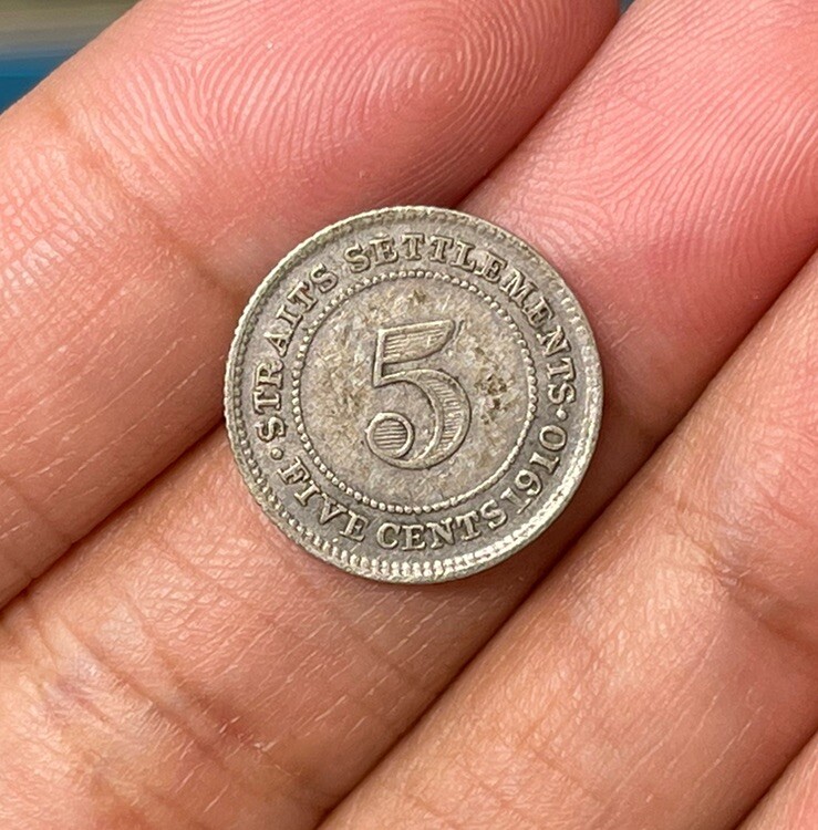 1910 Strait Settlements 5 Cents Silver Coin