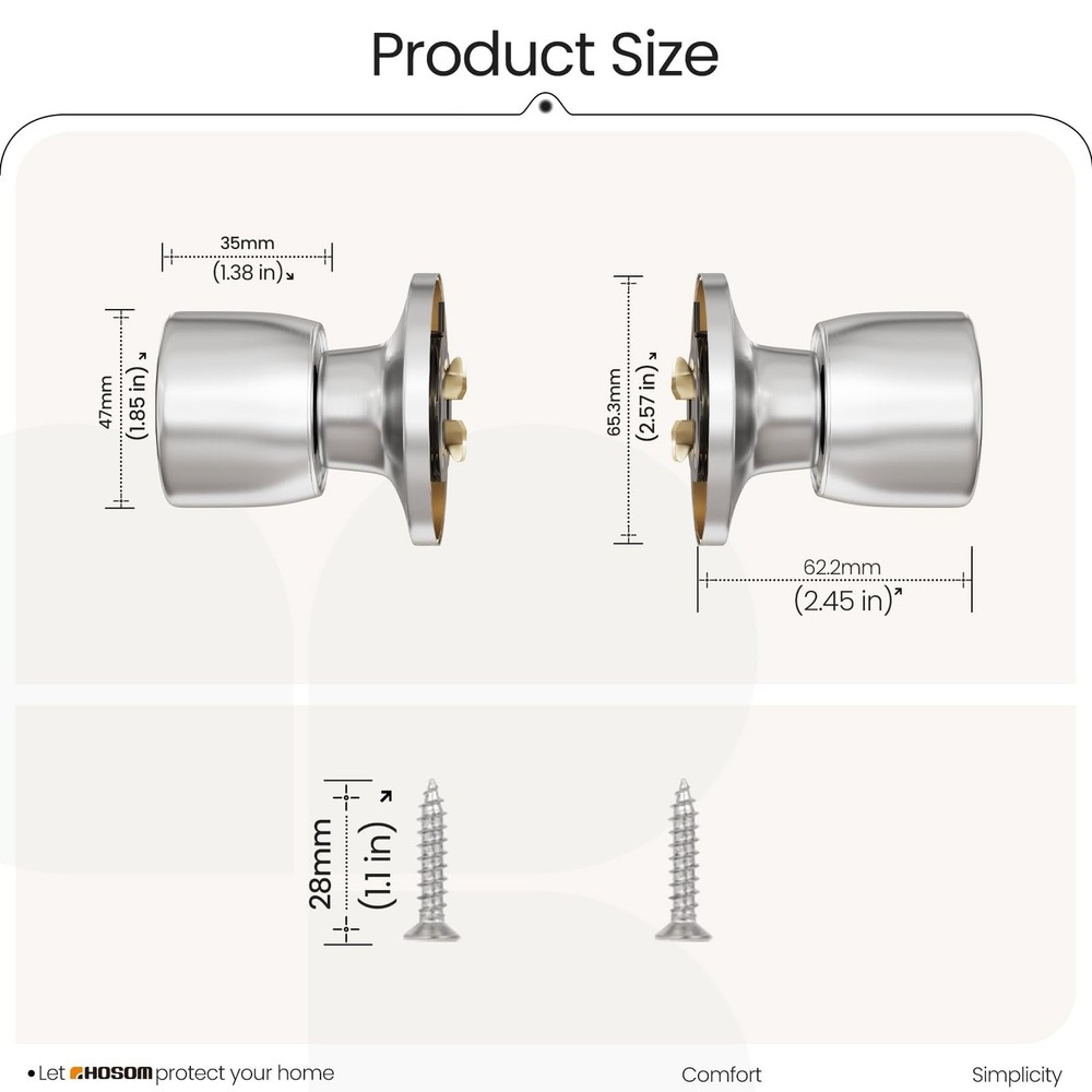 HOSOM 2 Pack Dummy Door Knobs, Keyless Closet Knobs 2 Pack, Satin Nickel