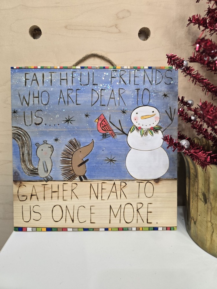 Wood burned Snowman hedgehog squirrel Christmas wall hanging. Great Gift
