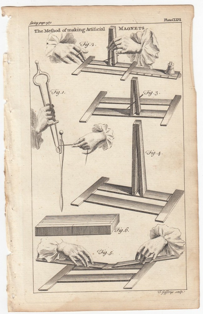 1764 THOMAS JEFFERYS Copper Engraving METHOD OF MAKING ARTIFICIAL MAGNETS