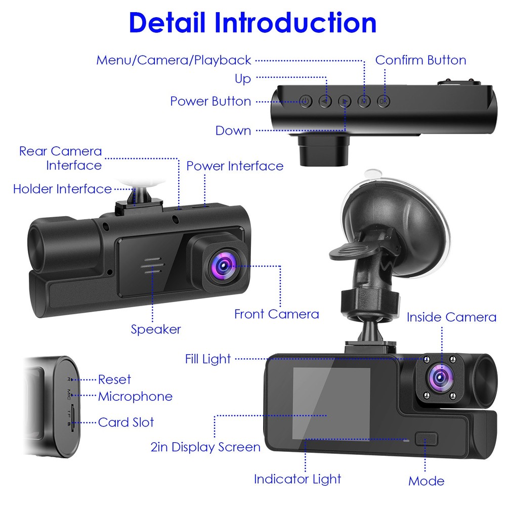 3 Channels 1080P HD Dash Cam WiFi 170° Front Rear Inside Camera & App Control