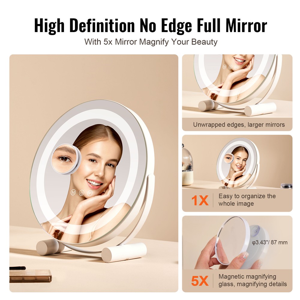 VEVOR 12" Lighted Vanity Mirror LED Bedroom Makeup Mirror Round w/ Smart Touch