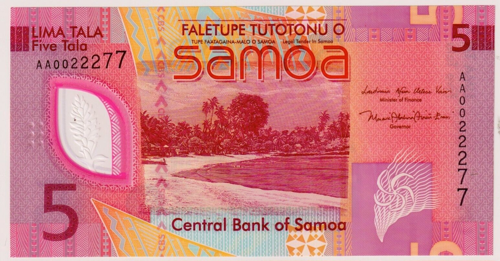 Samoa 5 Tala 2023 2024 P-W47 UNC Polymer Banknote AA Prefix