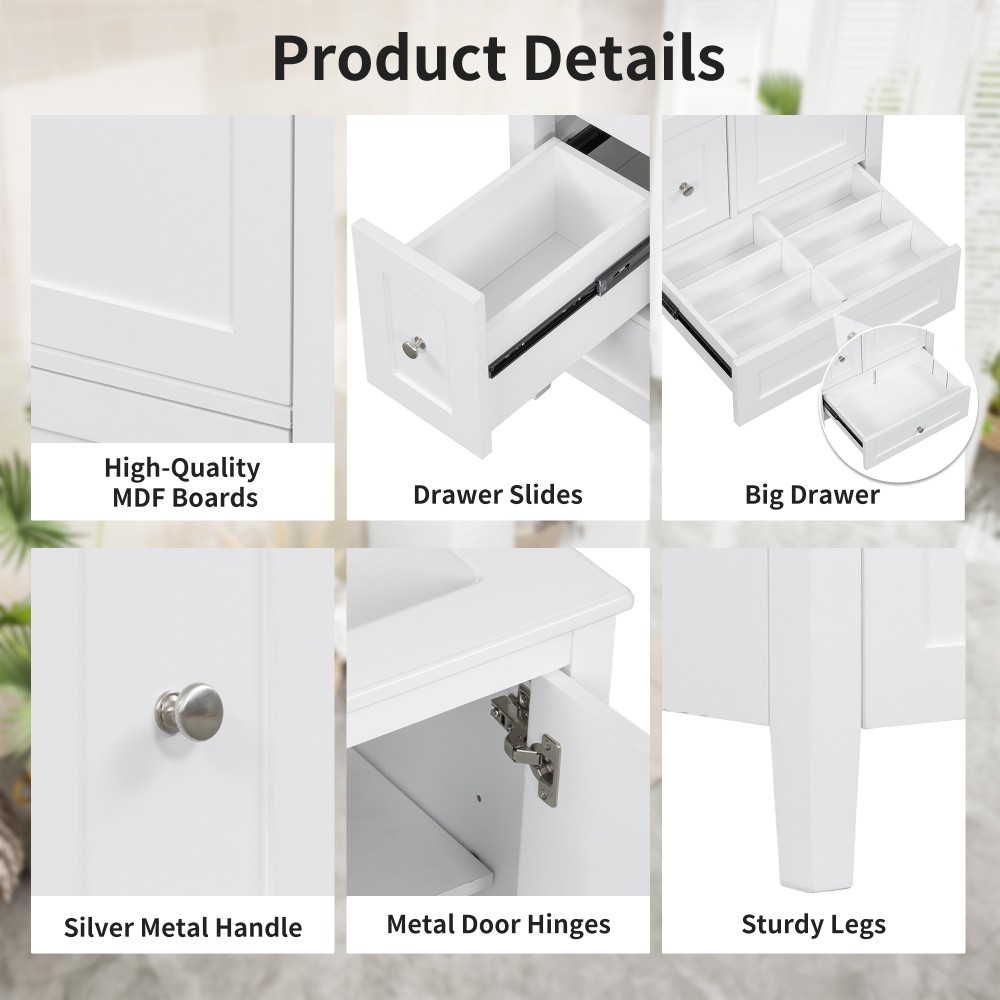 24 Inch Glossy Bathroom Vanity Solid Wood MDF Cabinet with Adjustable Shelf