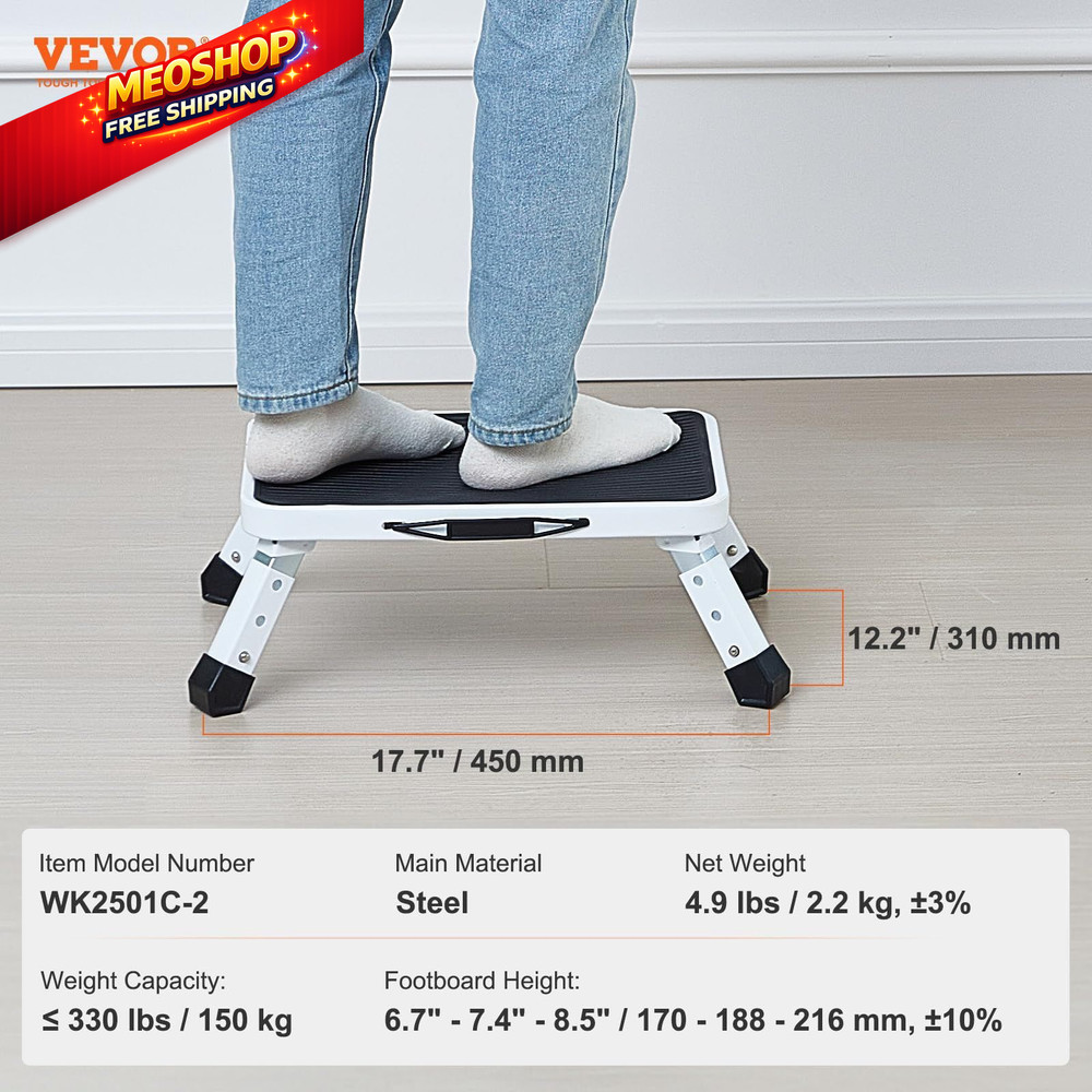 VEVOR 1-Step 330lbs Capacity Folding Steel Step Ladder, 1-Step, White+black