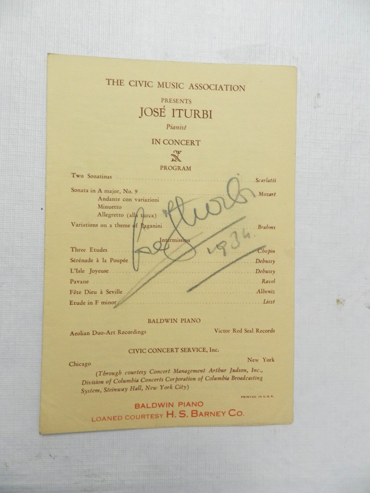 1934 Concert Program SIGNED BY JOSE ITURBI, CLASSICAL PIANIST