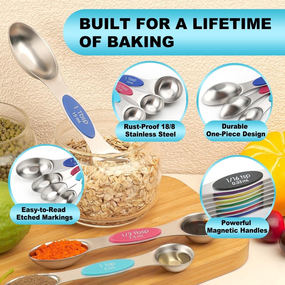 9Pcs Magnetic Measuring Spoon Set, Dual-Sided Tea Spoons with Leveling Tool