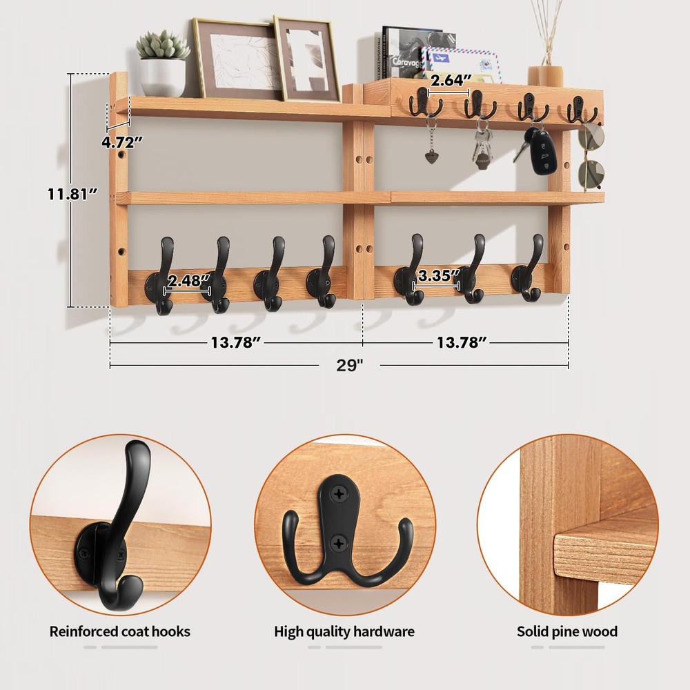 29" Coat Rack Wall Mount with Shelf, Pine Two-Tier Wall Shelf Mounted Coat an...