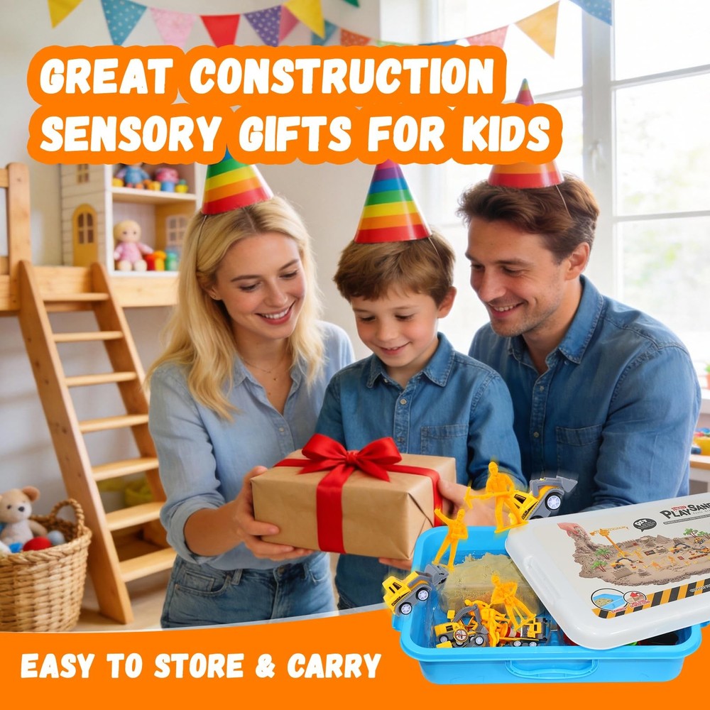 Construction Sensory Bin with Lid, 2.2lbs Sand & 5 Construction Trucks, Senso...