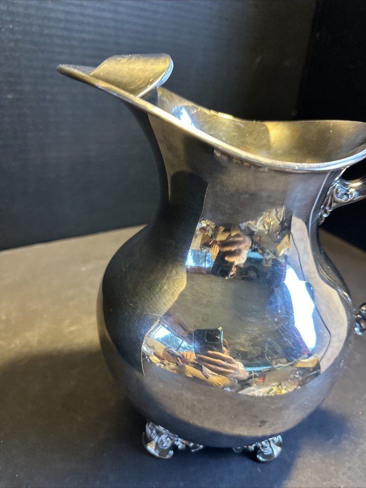 Vintage Silverplate Pitcher Ornate Handle Footed 9” Decorative #R86