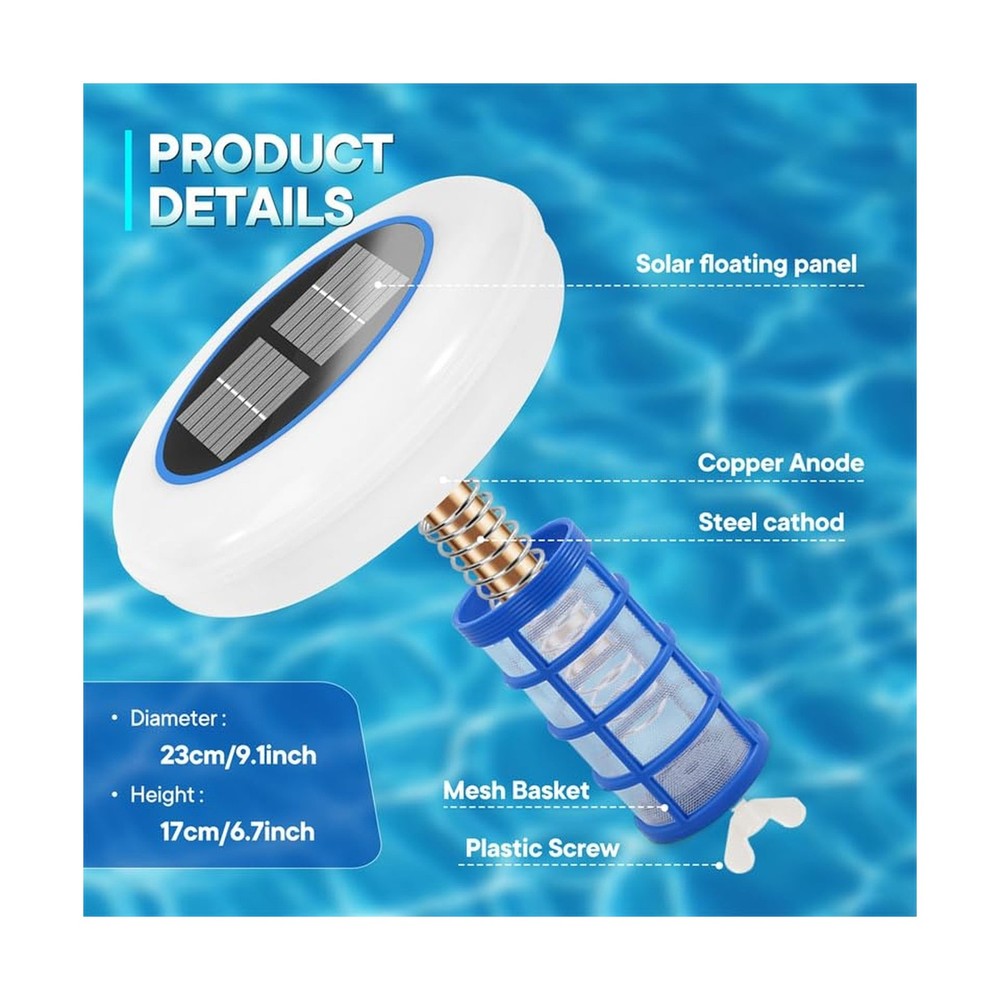 Pool Ionizer for Above Ground Pool, Upgraded Solar Ionizer Pool Auto Switchin...