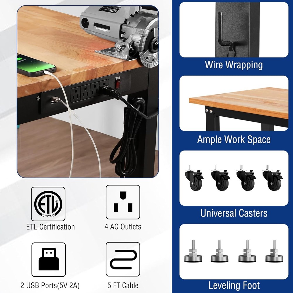 WORKPRO Adjustable Height Workbench 48"X22" Work Table With Wheels Leveling Foot