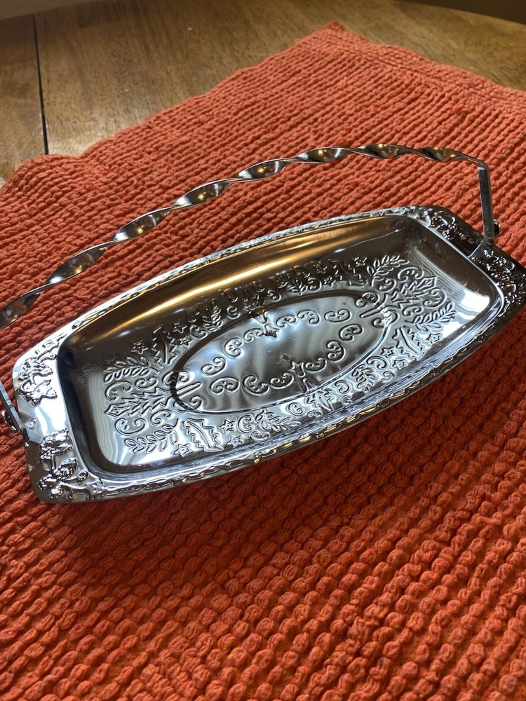 Vintage Silver Toned Serving Caddy With Handle 9 1/2 In ￼few Rust Spots