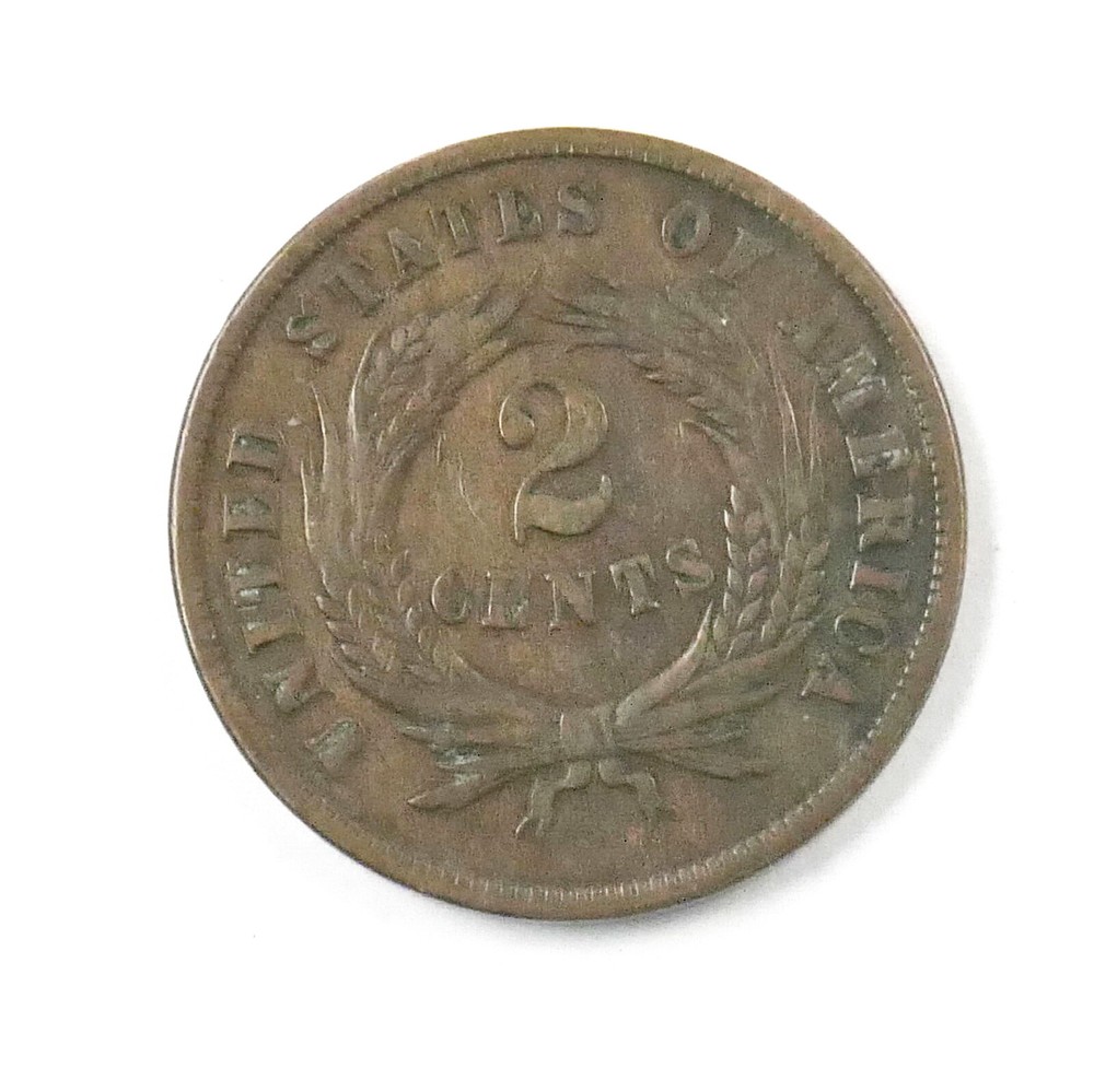 1864 US Mint Copper 2 Cent Coin ~ Fine
