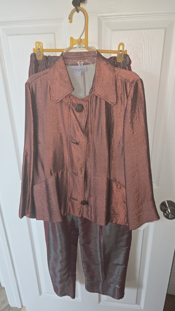 DRAMA 2 Piece Woven Brown Jacket + Pants Set Collared Button Size 6