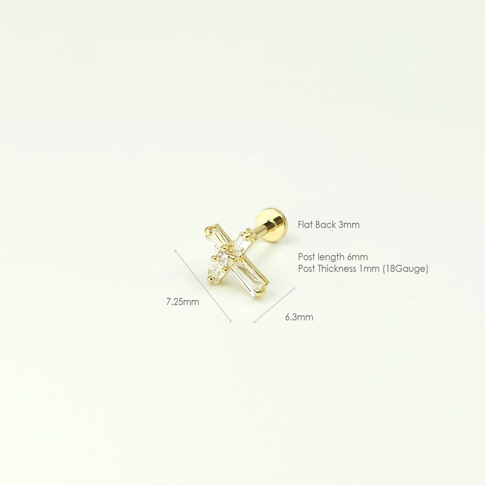 14K Solid Gold Tiny Cross Internally Threaded Labret Stud Earring(18Gauge)