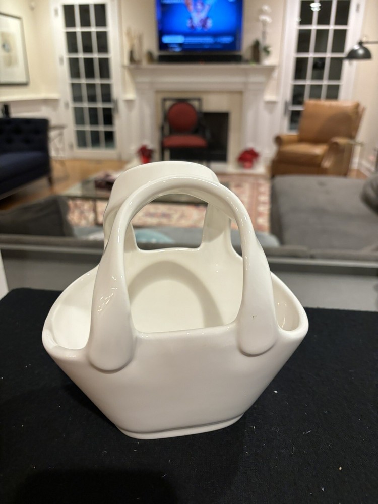 Pottery Barn Ceramic Basket Ivory White Double-Handle 6.75"