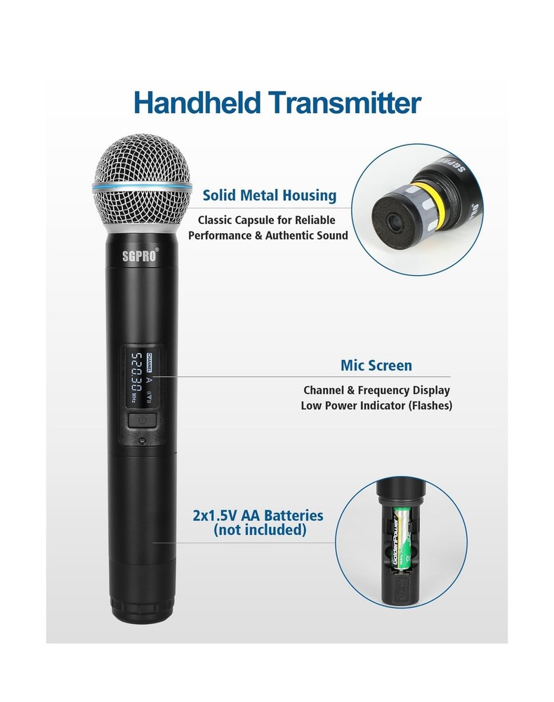 SGPRO 4-Channel Wireless Microphone System - 250Ft Range, Metal Mics & Receiv...
