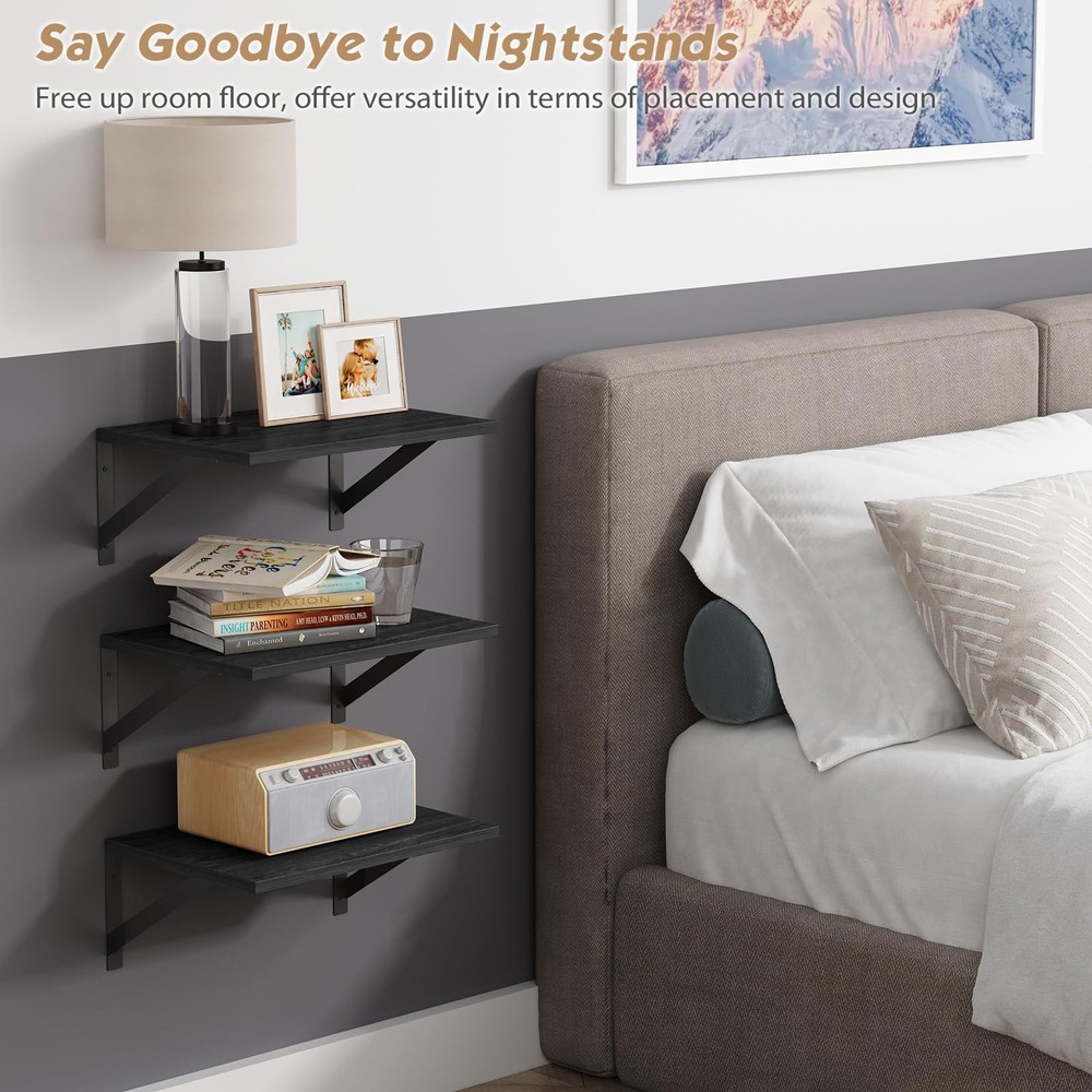 Forbena 12" Deep Floating Shelves, 16" Wide Black Wall Mounted Solid Wood