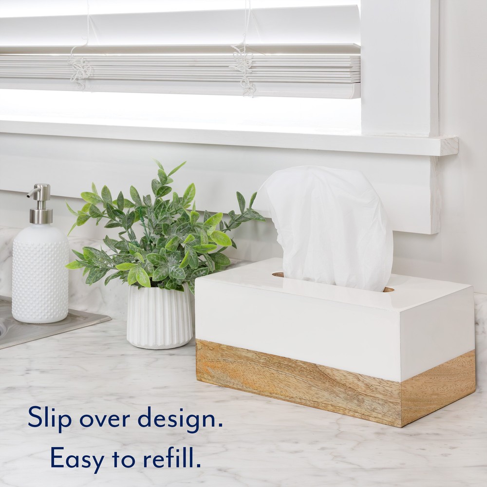 White Enamel/Mango Wood Rectangular Tissue Box Cover; Scandinavian Decor Oblong