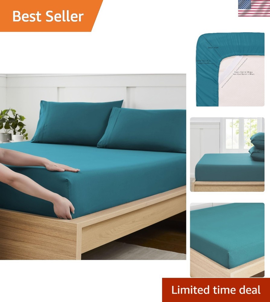 Full Size Fitted Sheet - Soft Breathable Teal Brushed Microfiber, 16 Inch Depth