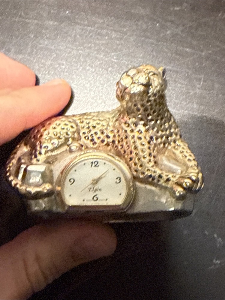 Elgin Leopard Desk Top Mini Clock Goldtone Untested