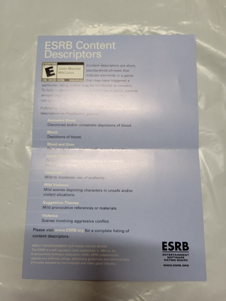 Playstation Console Insert - Guide To ESRB Ratings