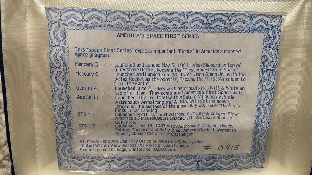 (6) Americas Firsts Space silver medals in case, Mercury, Gemini, Apollo Shuttle