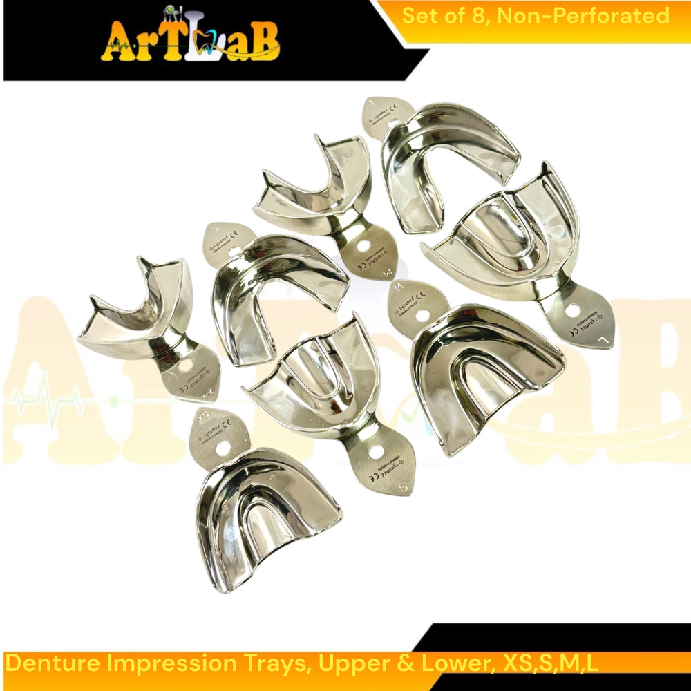 8 Pack Metal Denture Impression Tray Solid, Upper & Lower, XS+S+M+L | Stainless