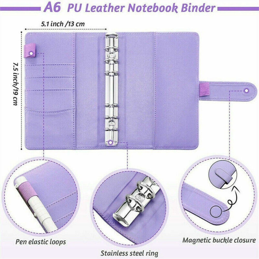 PU Leather Notebook A6 Ring Binder Budget Planner Organizer Cover Pockets Labels
