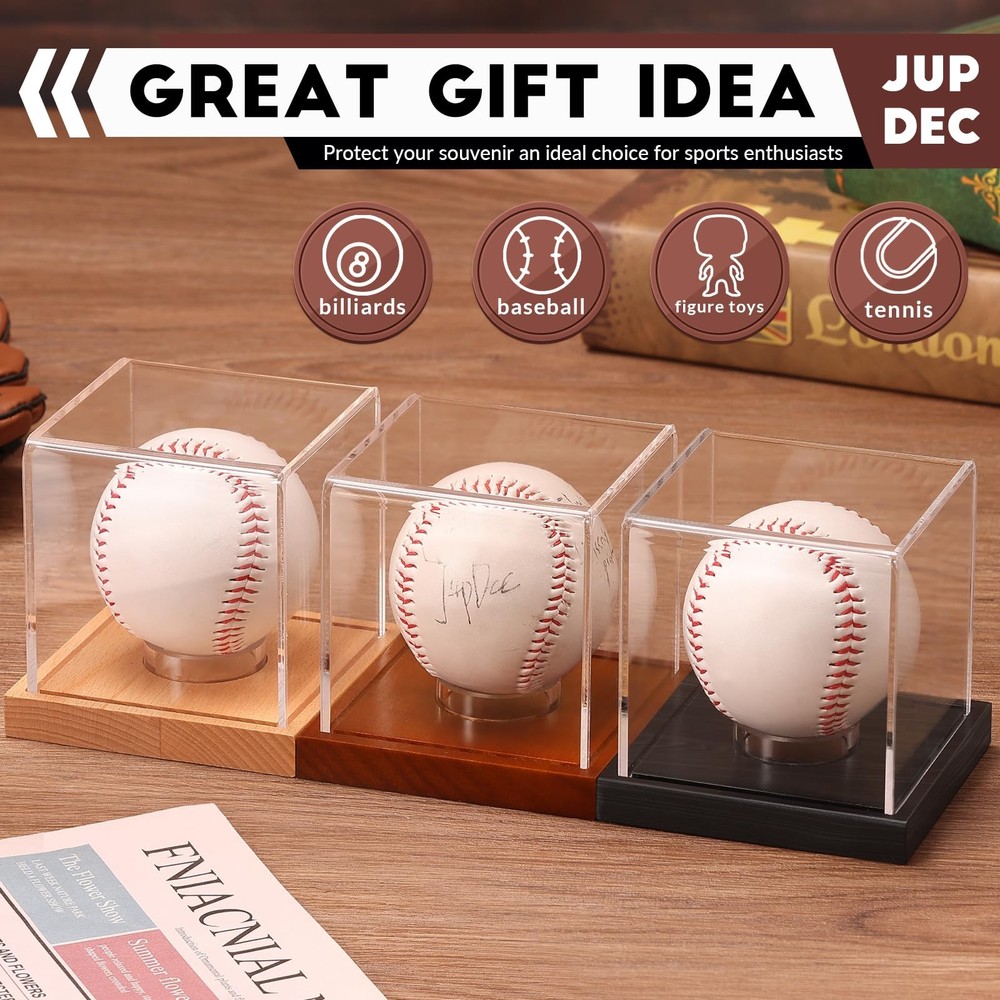 JupDec Baseball Display Case, Clear Cube Holder with 2 Pack, Brown