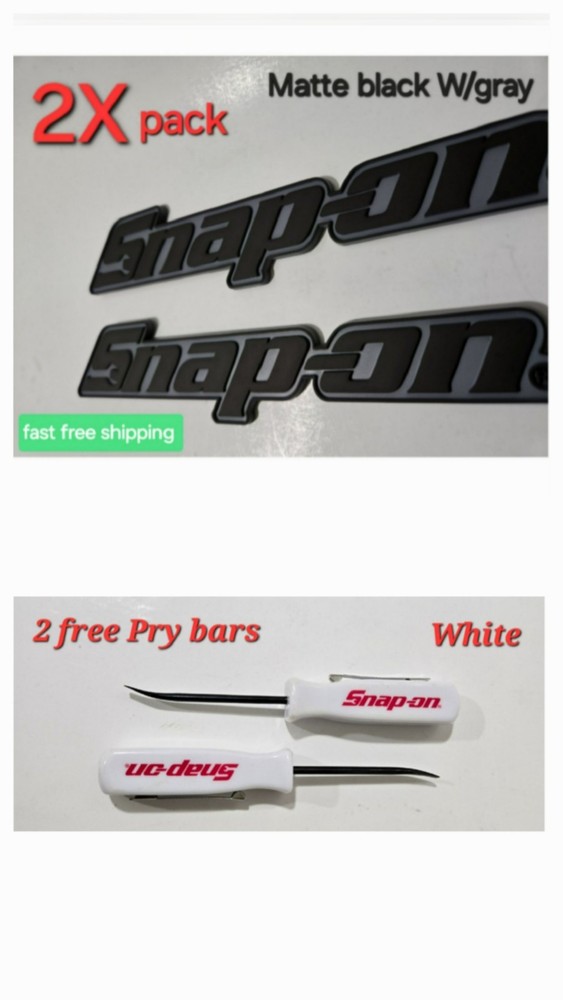 2PK SNAP ON TOOLS LOGO EMBLEM Matte Black Badge Decal + 2 Pocket White Pry Bars!