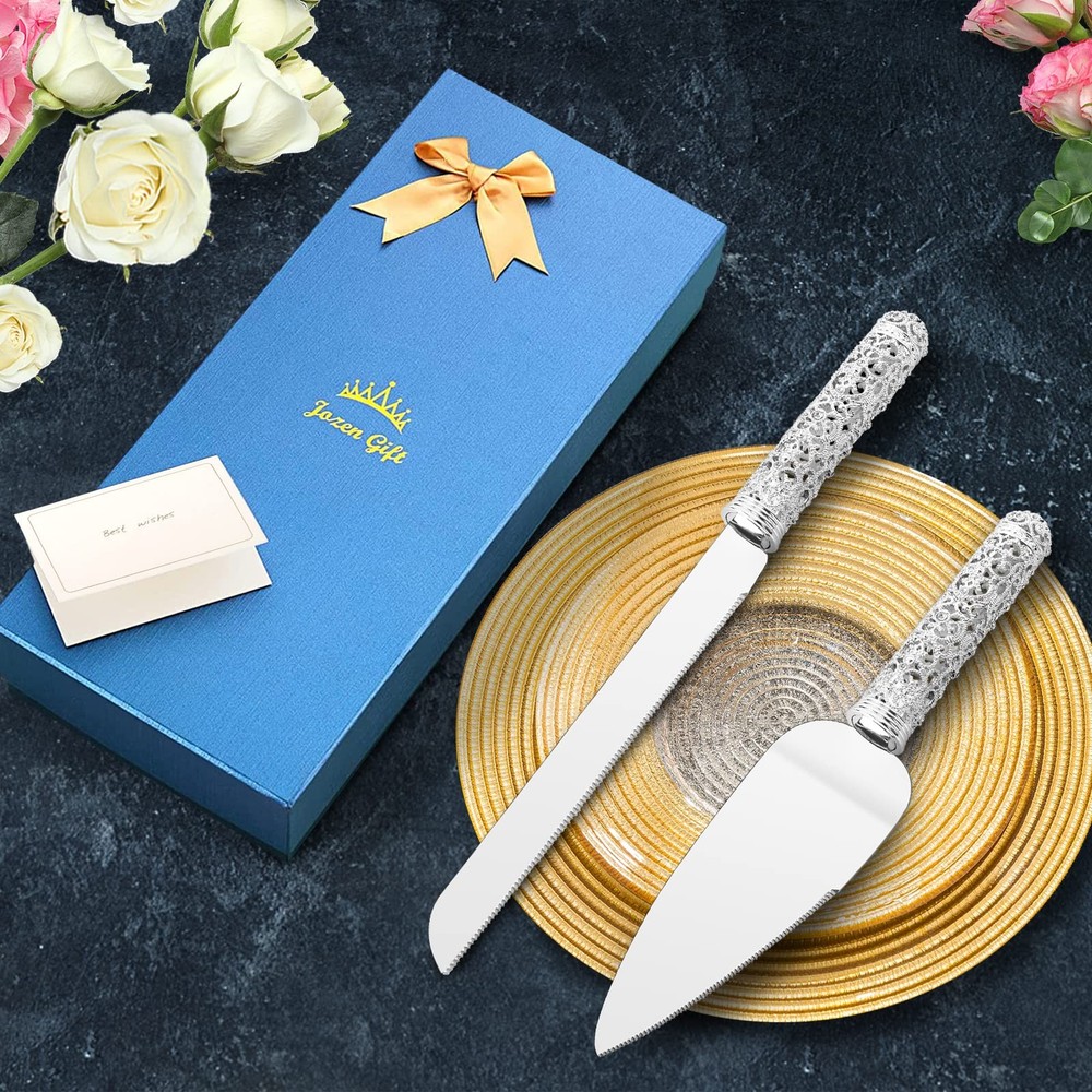 Wedding Silver Cake Knife and Server Set - 2 Pcs Dessert Set Metal Handle wit...