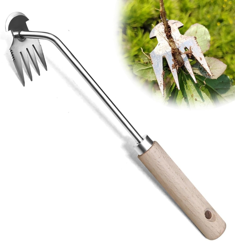 Weed Puller Tool, Uprooting Weeding Remover, 4-Claw Steel Head, Wood Handle 13"