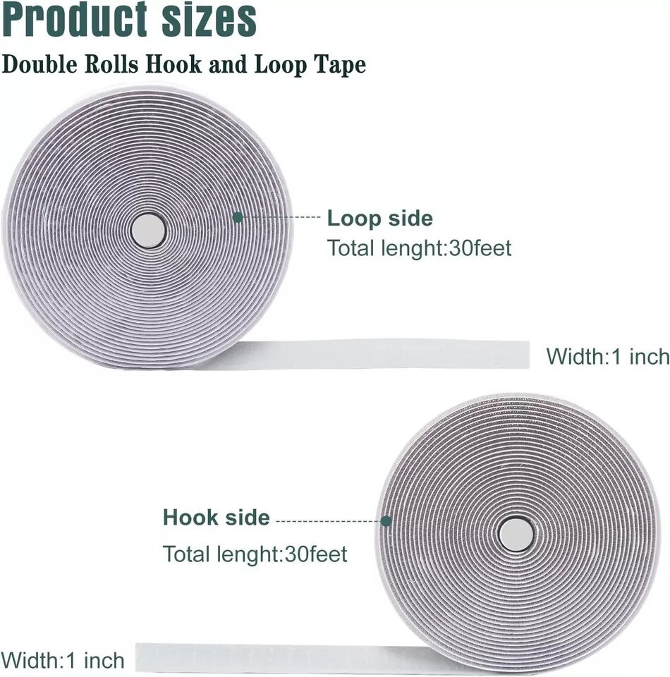 30Ft x 1 Inch Heavy Duty Hook and Loop Strips with Adhesive - Double Rolls, Self