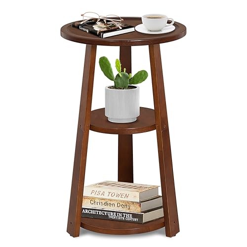 3-Tier Round Side Table, Solid Wood End Table & Nightstand for Small Red Brown