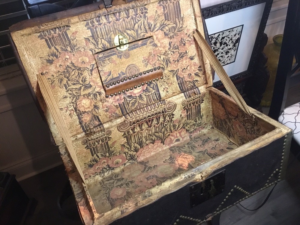 AUTHENTIC ANTIQUE PORTUGESE STUDDED LEATHER STORAGE TRUNK
