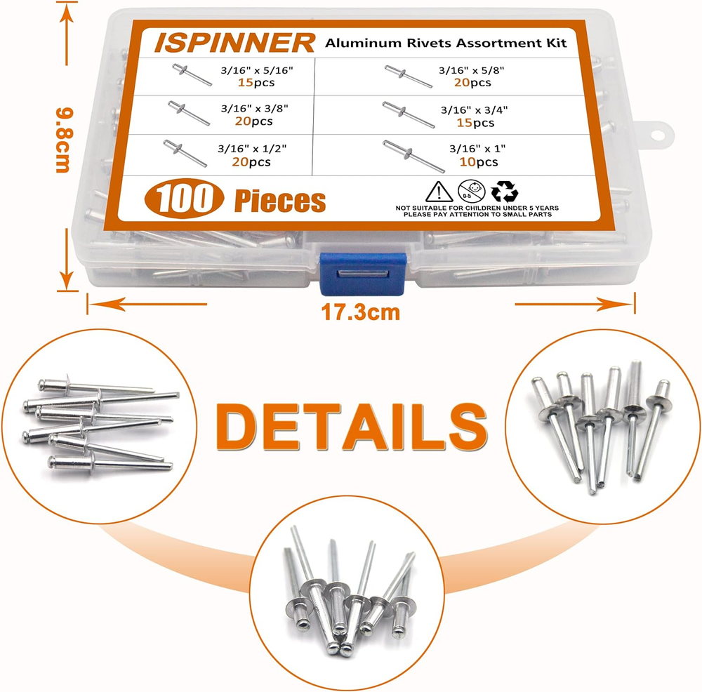 ISPINNER 100Pcs 6 Sizes Aluminum Blind Rivets, Pop Rivets Assortment Kit 3/16" X