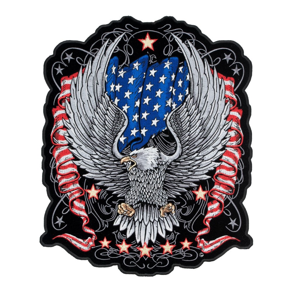 Silver Eagle & American Flag Ribbons Patch, Patriotic Back Patches