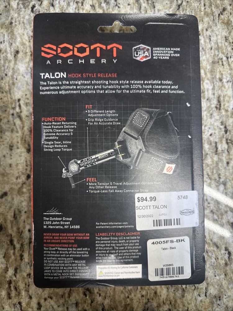 NEW Scott Talon Bow Release - Wrist Strap, Hook Style