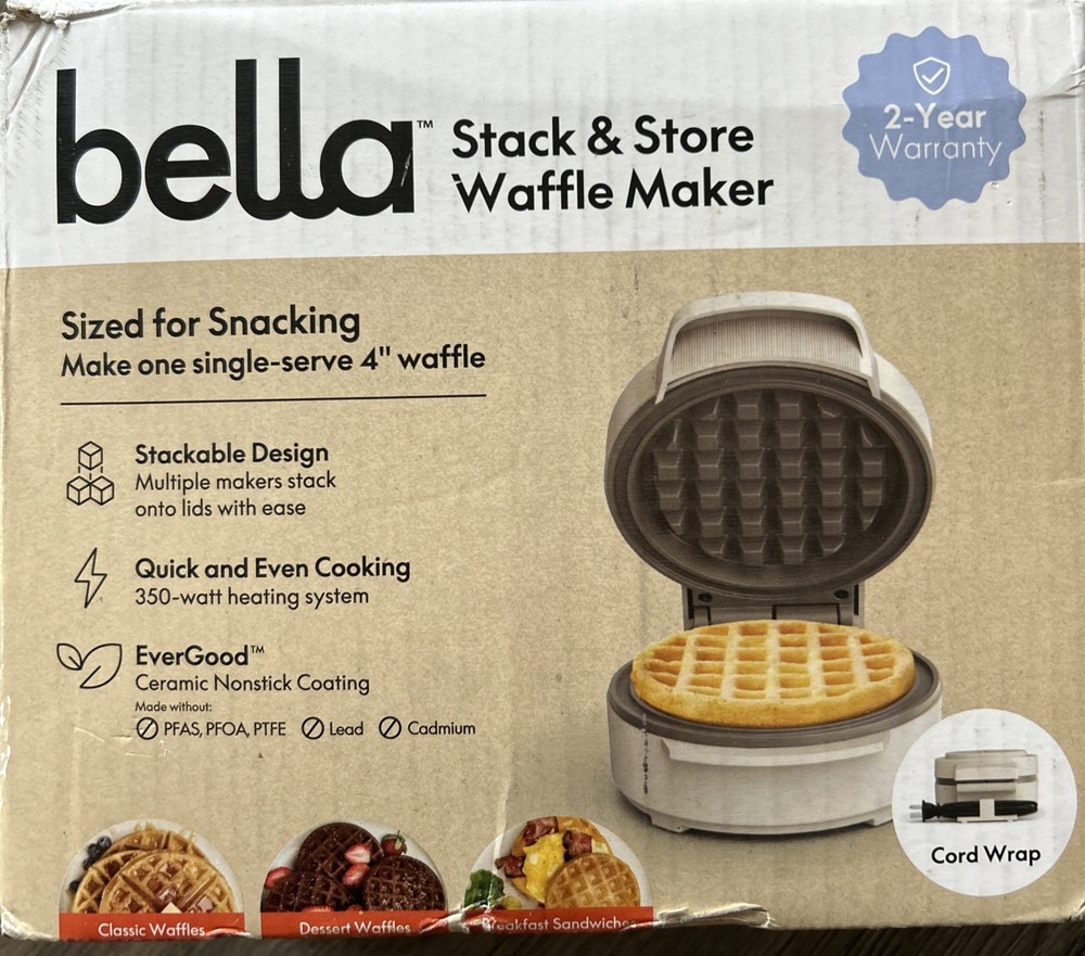 Bella Snack-n-Store Mini Waffle Maker, Ceramic Nonstick Coating, Ready Oat milk