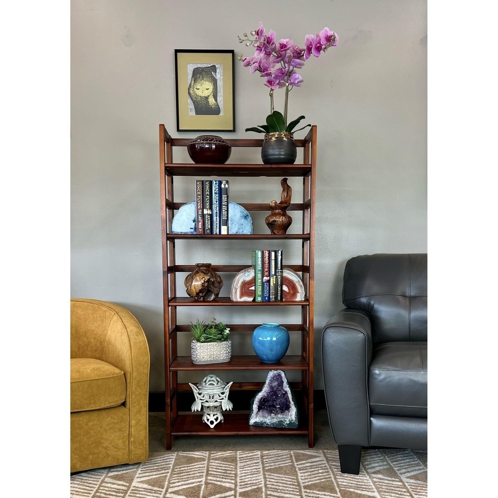 Solid Acacia 5 Tier Folding Bookcase Brown Mid-Century Modern Contemporary