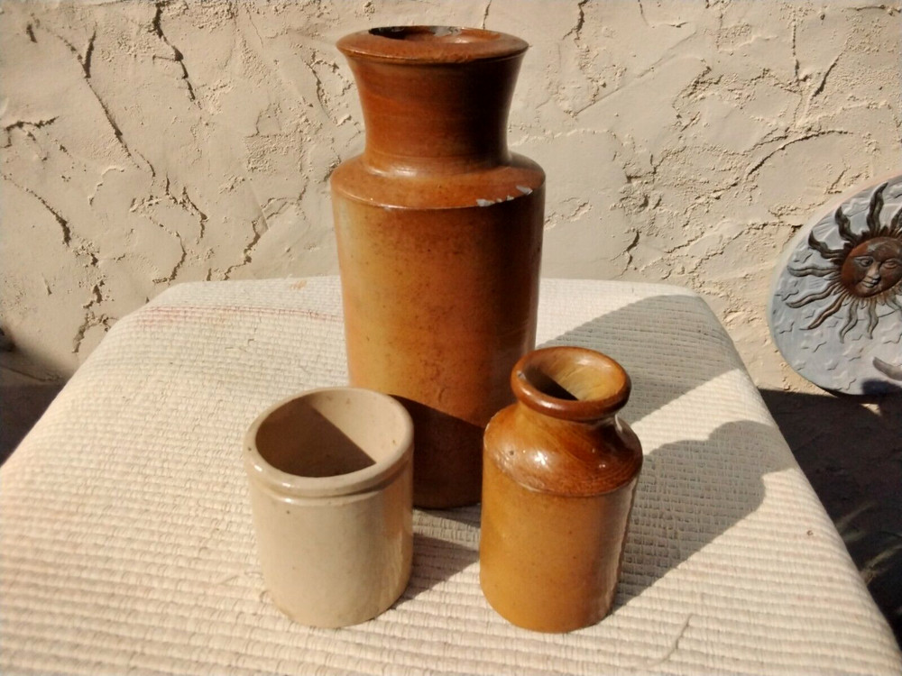 3 SMALL ANTIQUE STONEWARE BOTTLES JARS