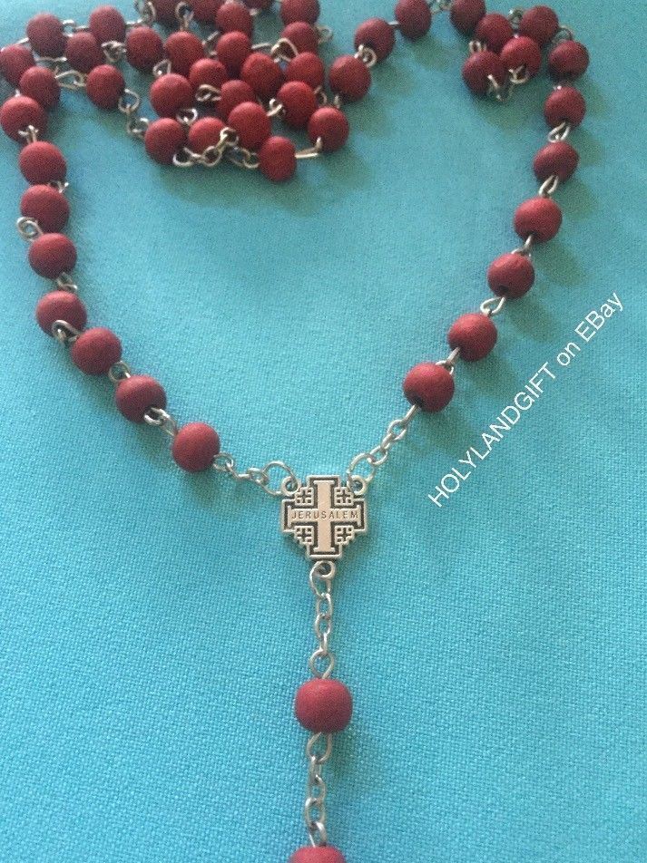 JERUSALEM Rose Smell Wood Catholic ROSARY Bead Necklace Cross Crucifix US SELLER