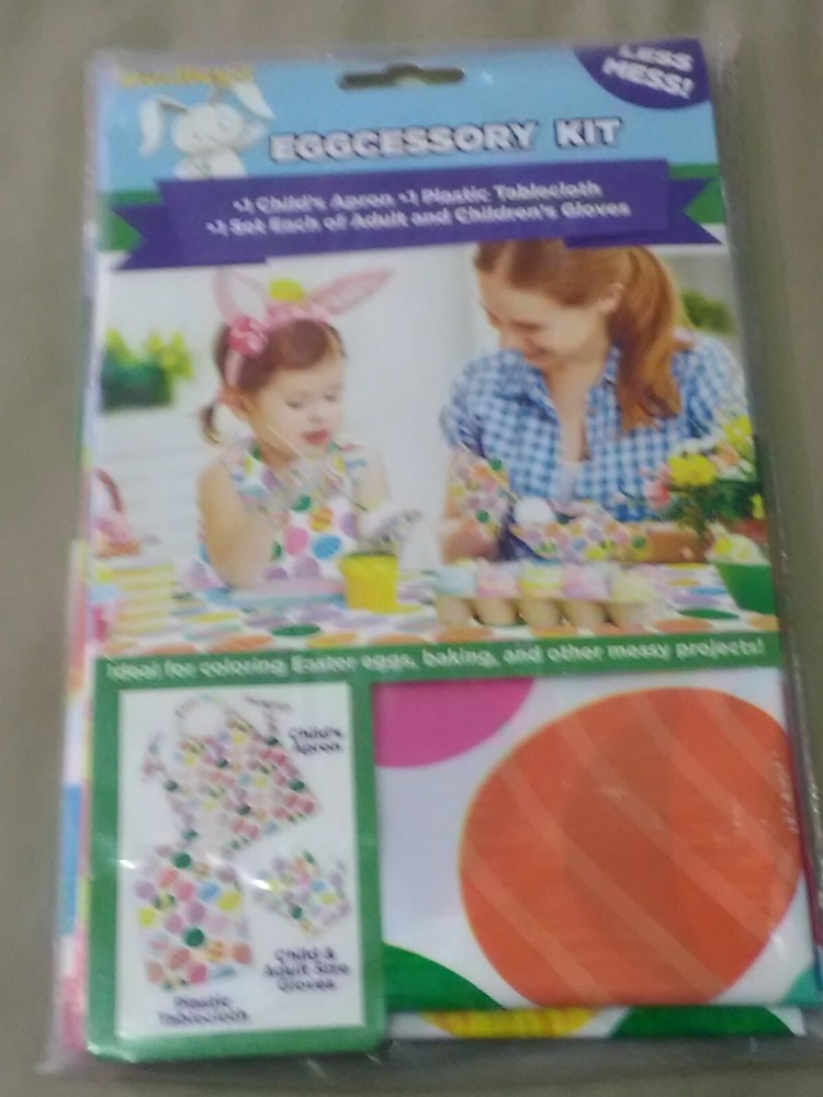 * EGGCESSORY KIT * EASTER APRON , PLASTIC DISPOSABLE TABLECLOTH COVER , GLOVES *