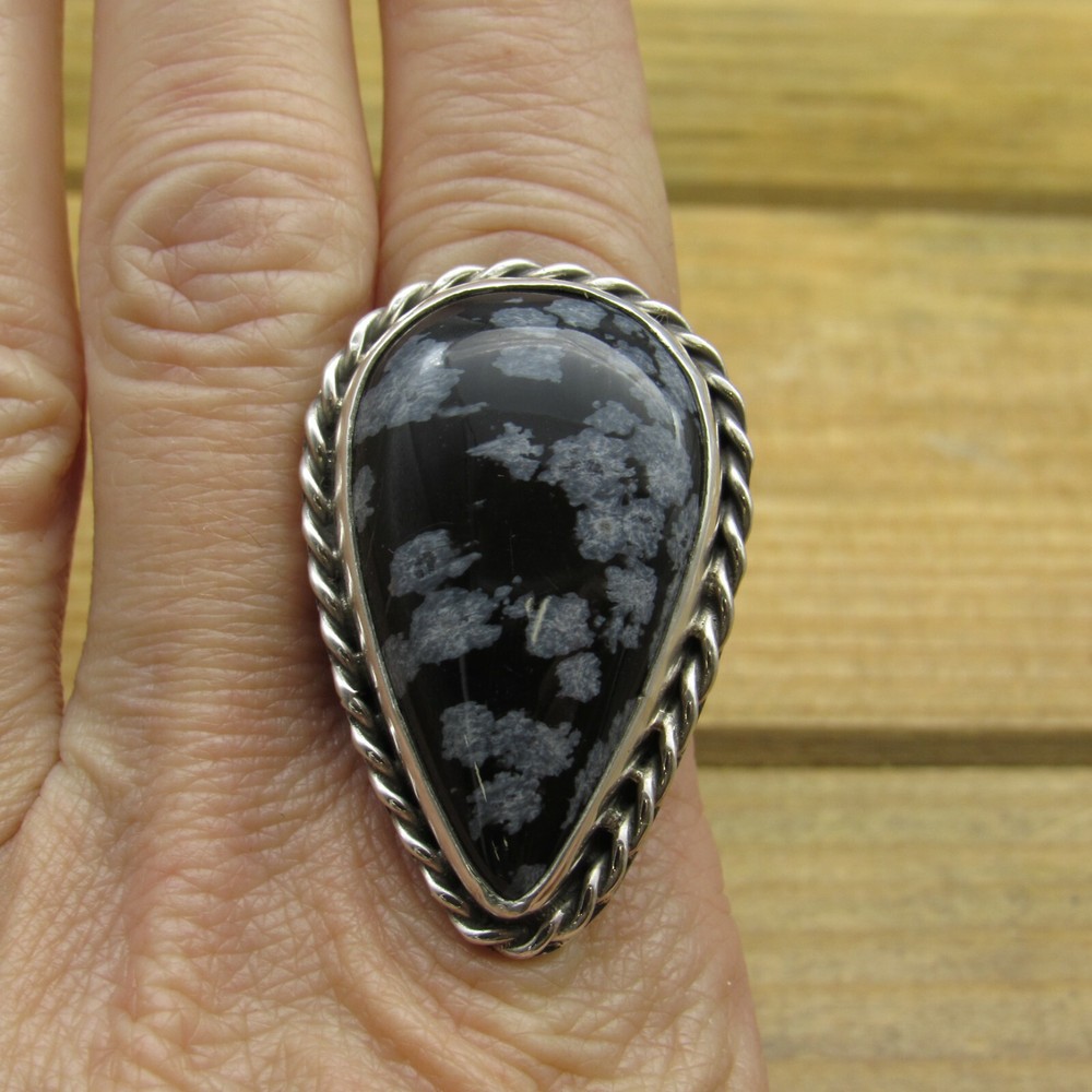 Sterling Silver Snowflake Obsidian Statement Ring Size 8.5 by Jose Campos