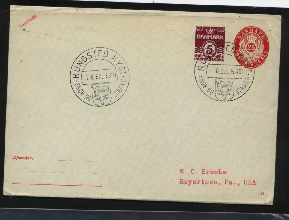 Denmark  double embossed large postal envelope  to  US       KL0820